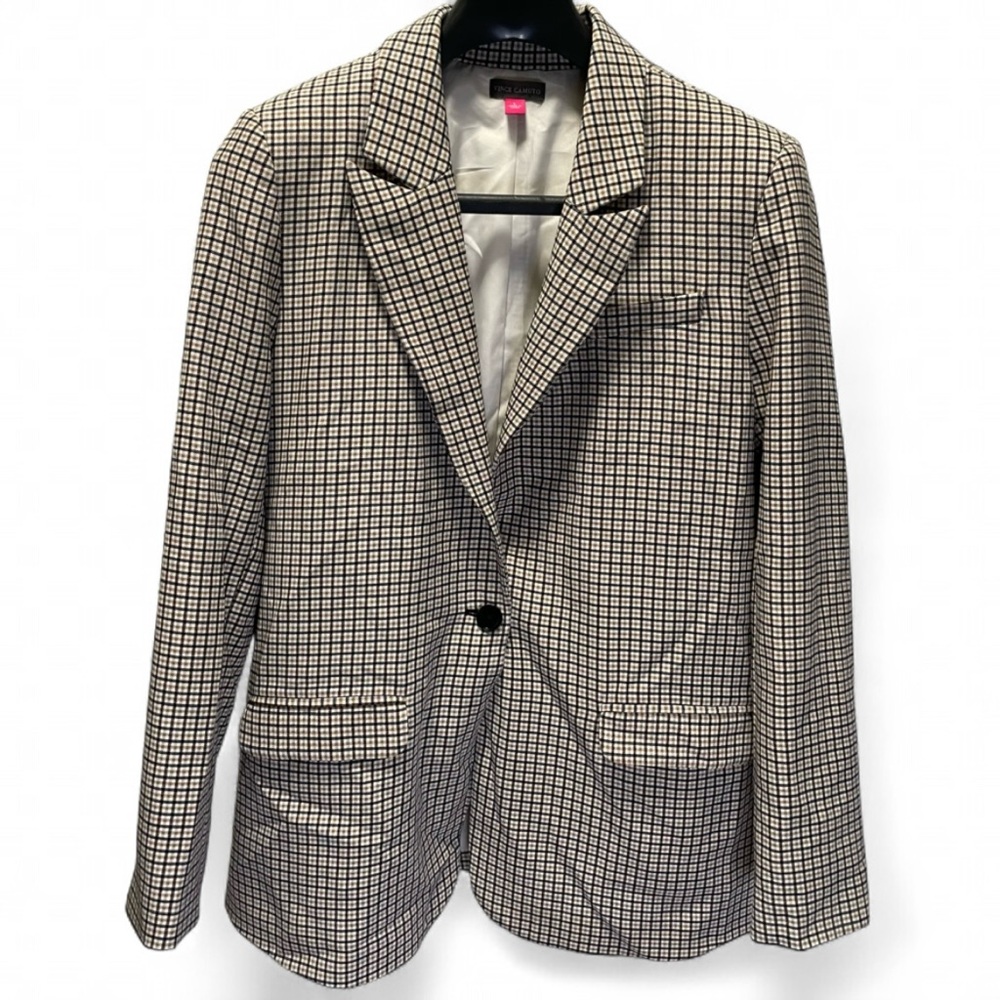 Vince Camuto Checkered Single Button Blazer Women's L Cream Pockets